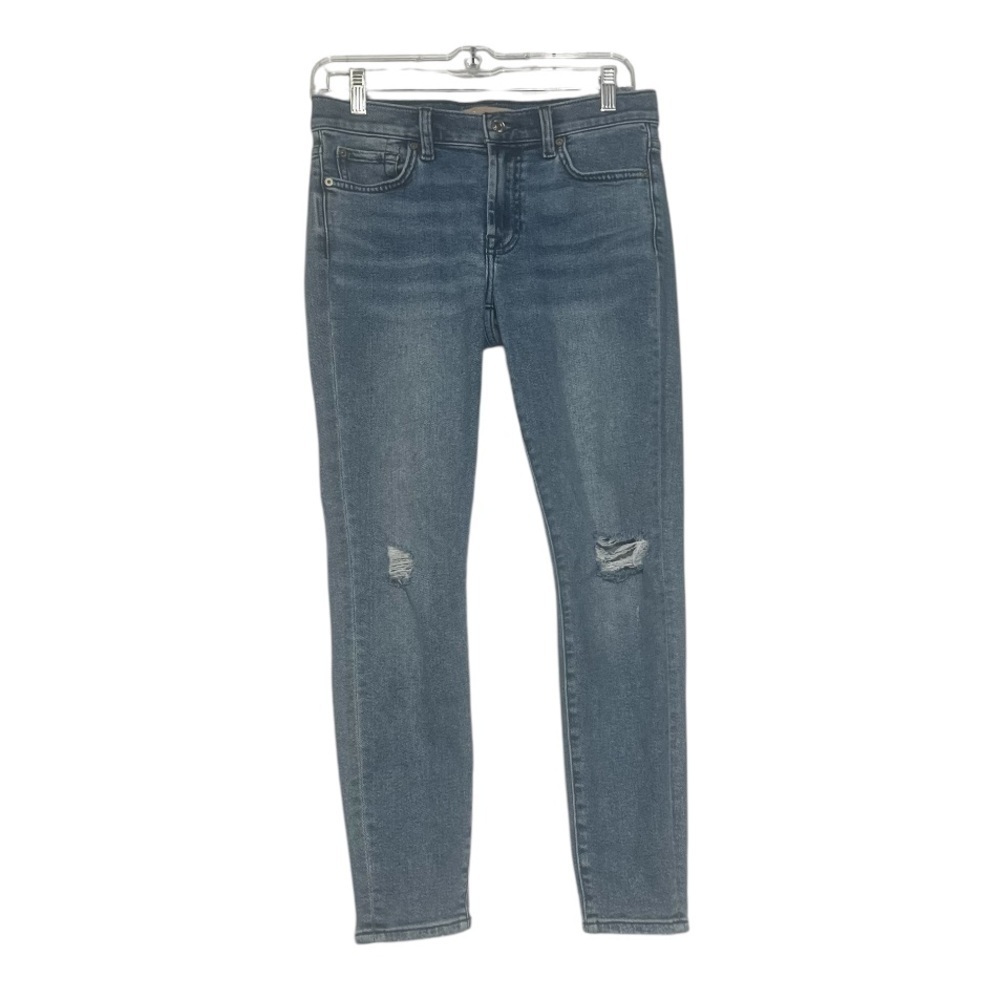 7 For All Mankind Luxe Vintage Ankle Skinny Jeans Size 27 Light Blue Rip Knee